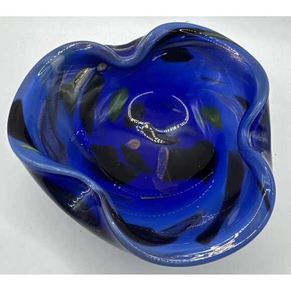 Murano Other - Vintage MCM Blue Glass Ashtray Murano Cobalt Blue Aqua Glitter Triangular